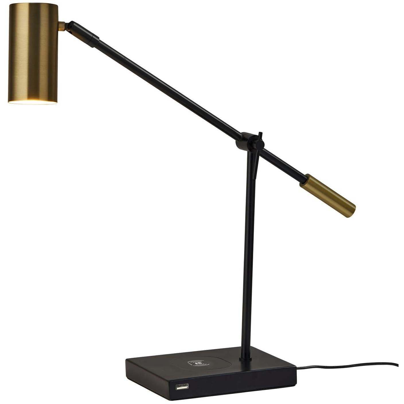 Collette 12 inch 7.00 watt Black and Antique Brass Desk Lamp Portable Light, with AdessoCharge Wireless Charging Pad and USB Port