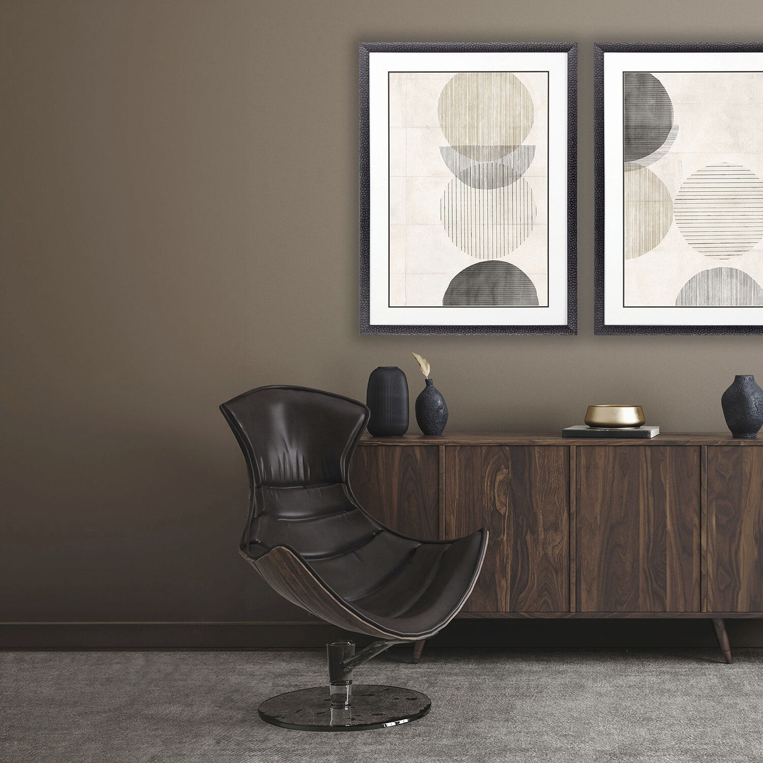 Stitched Spheres Gray and Black and Beige and Neutral Framed Art
