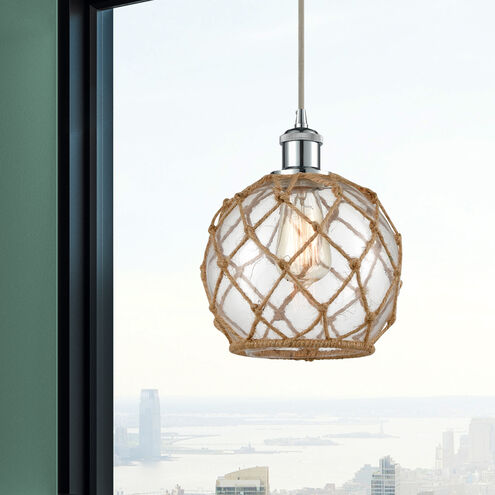 Ballston Farmhouse Rope 1 Light 8 inch Polished Chrome Mini Pendant Ceiling Light in Bulb Not Included, Clear Glass with Brown Rope, Ballston