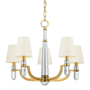 Dayton 5 Light 25 inch Aged Brass Chandelier Ceiling Light in White Faux Silk