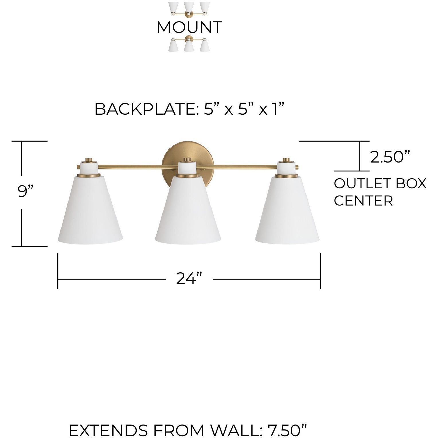 Bradley 3 Light 24 inch Aged Brass and White Vanity Light Wall Light