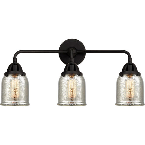 Nouveau 2 Small Bell 3 Light 23 inch Matte Black Bath Vanity Light Wall Light in Silver Plated Mercury Glass