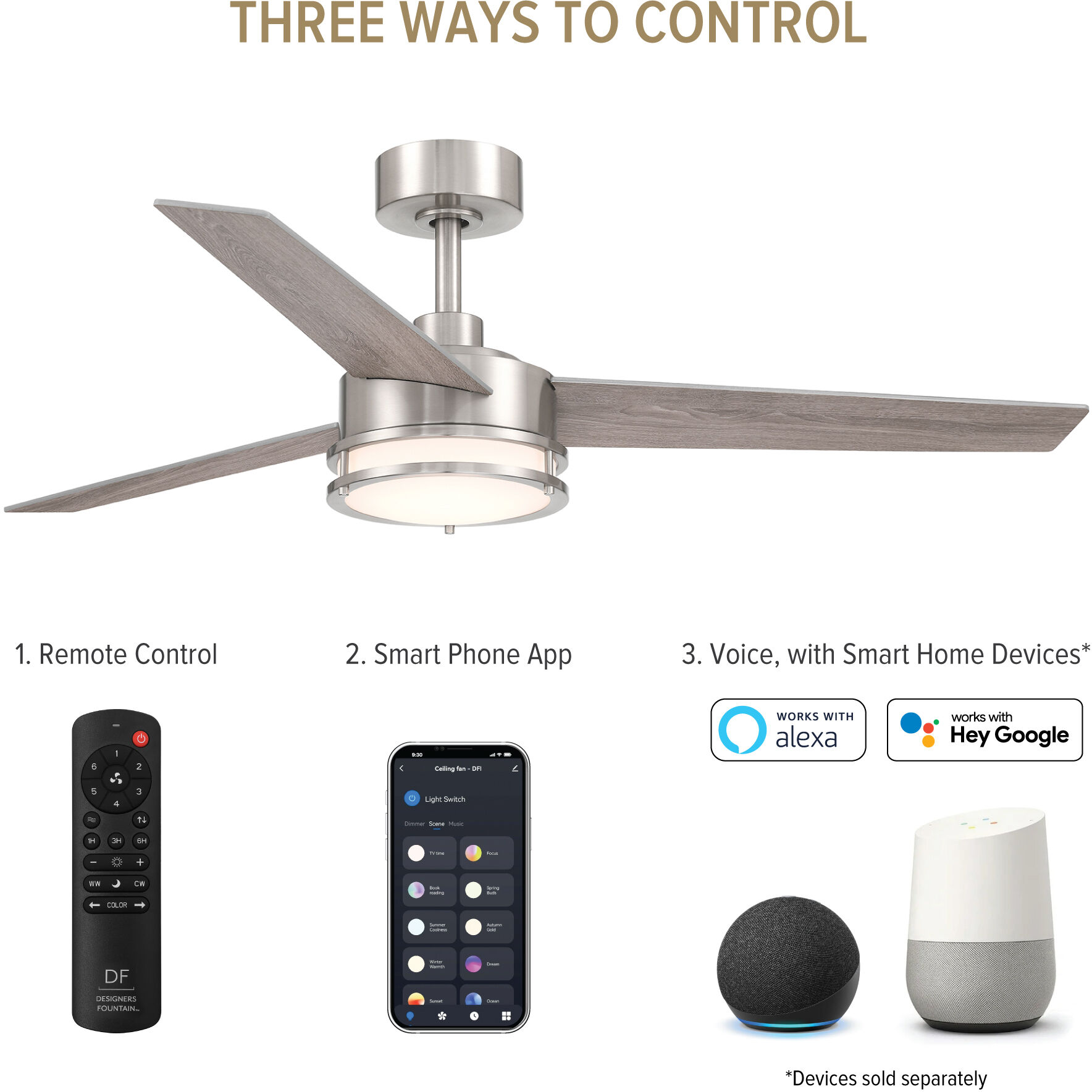 Cassini 52 inch Brushed Nickel with Reversible Silver/Pearl Gray Blades DC Smart Fan