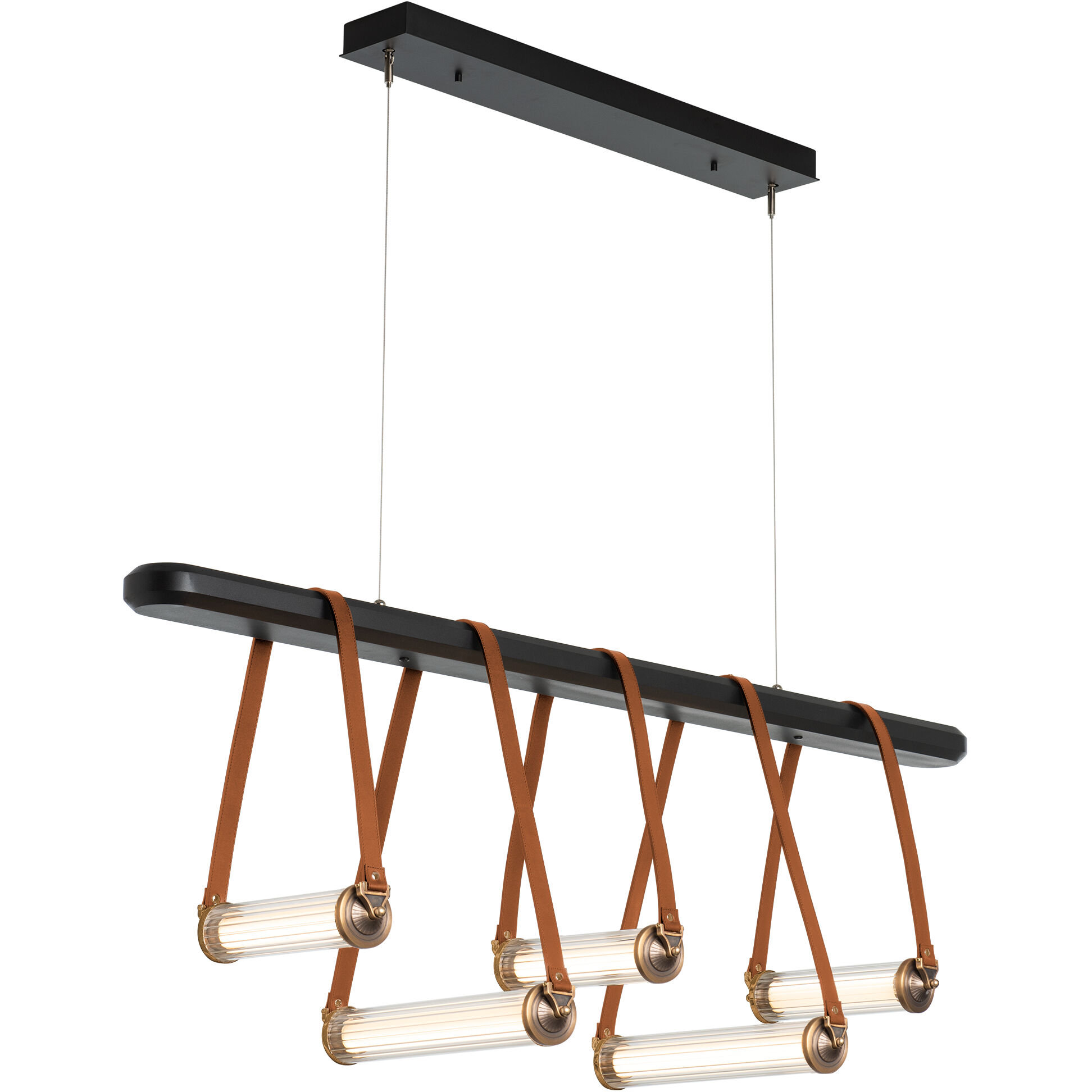 York LED 52 inch Black and Antique Brass Linear Pendant Ceiling Light in Leather Chestnut/Black Wood, Black/Antique Brass