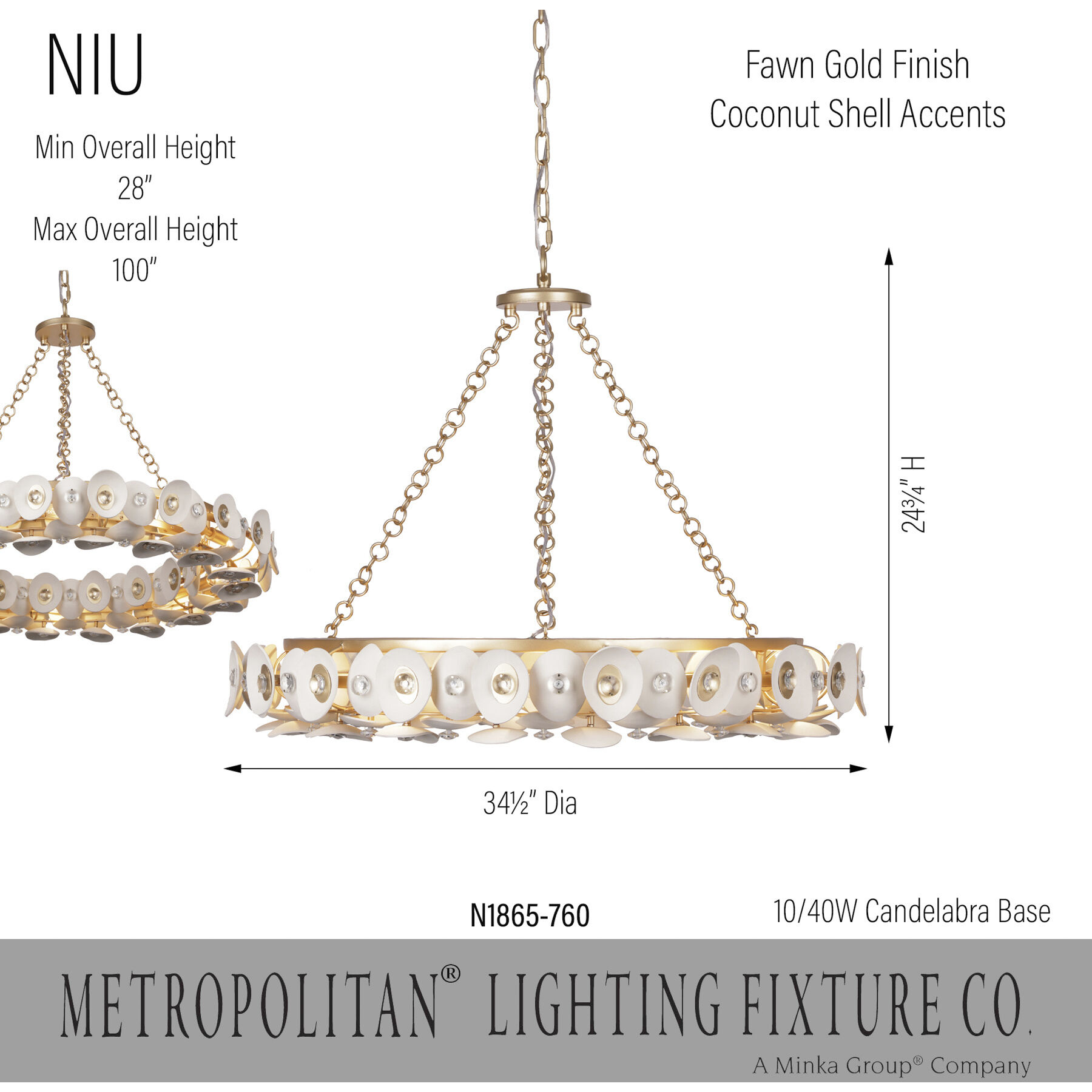 Niu 10 Light 34.5 inch Coconut Shell Gold / Coconut Shell White Pendant Ceiling Light