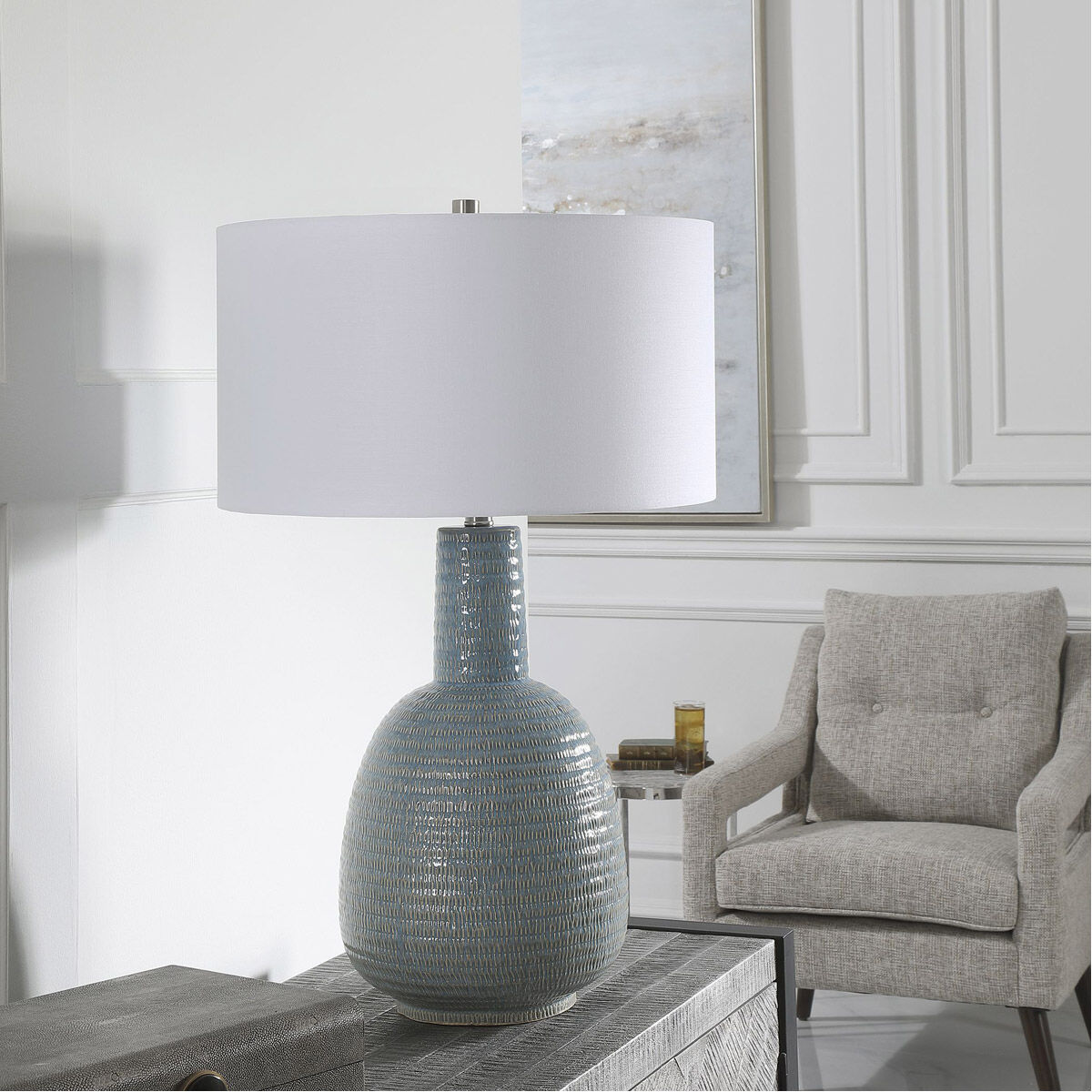 Delta 29 inch 100.00 watt Light Aqua Glaze with Brushed Nickel Details Table Lamp Portable Light