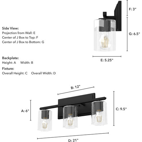Kerrison 3 Light 21 inch Natural Black Iron Vanity Light Wall Light