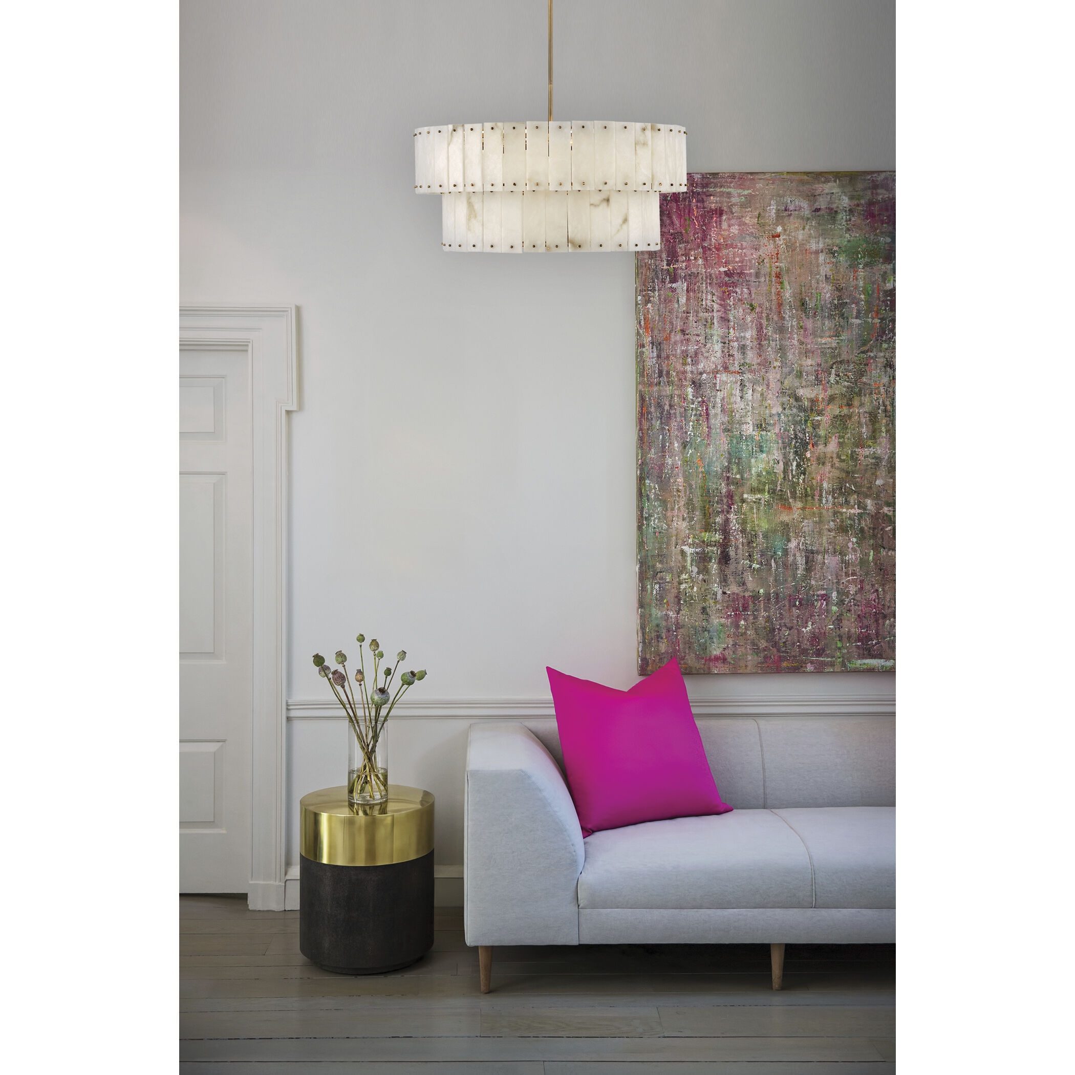 Simone LED 34.25 inch Burnished Gold Chandelier Ceiling Light in Alabaster, Drum