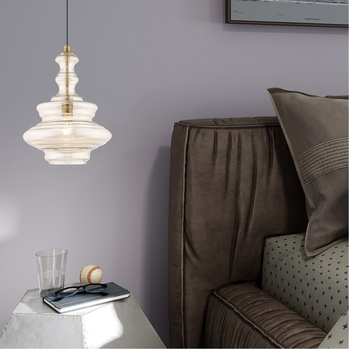 Art Glass 1 Light 12 inch Antique Brass Mini Pendant Ceiling Light