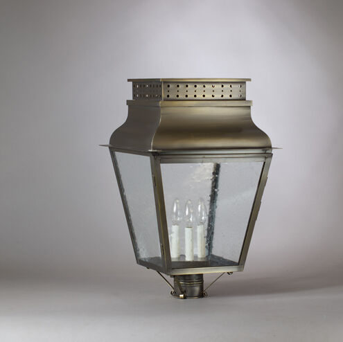 Andrews 3 Light 24 inch Antique Brass Post Lantern in Seedy Marine Glass, Candelabra
