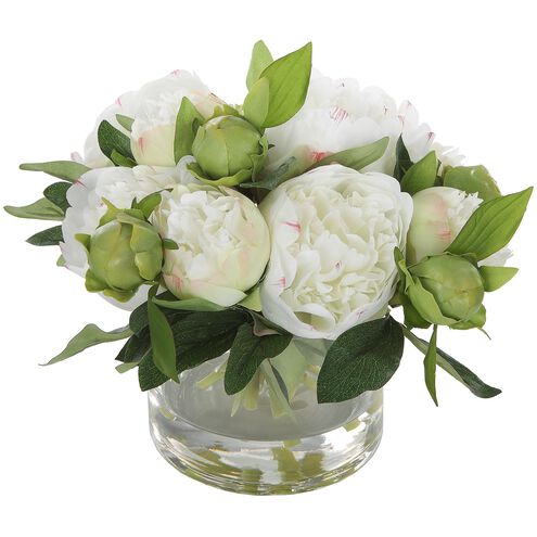 Garden Peony White and Green with Clear Glass Bouquet