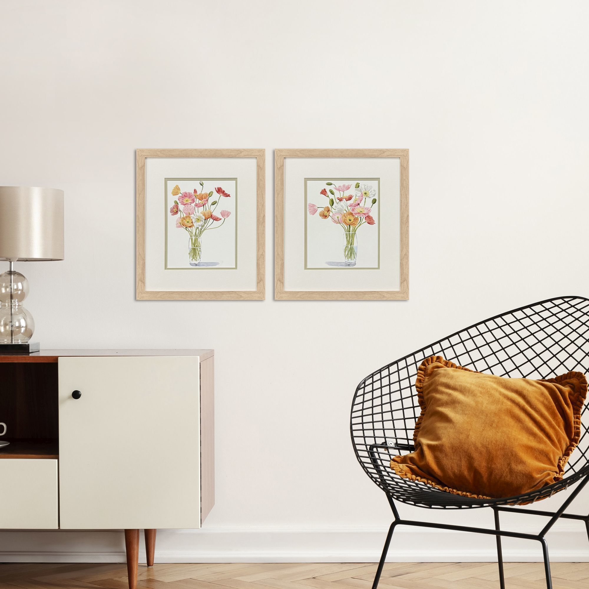 Wiry Poppies Pink and Orange and Green and White Framed Art, Propac