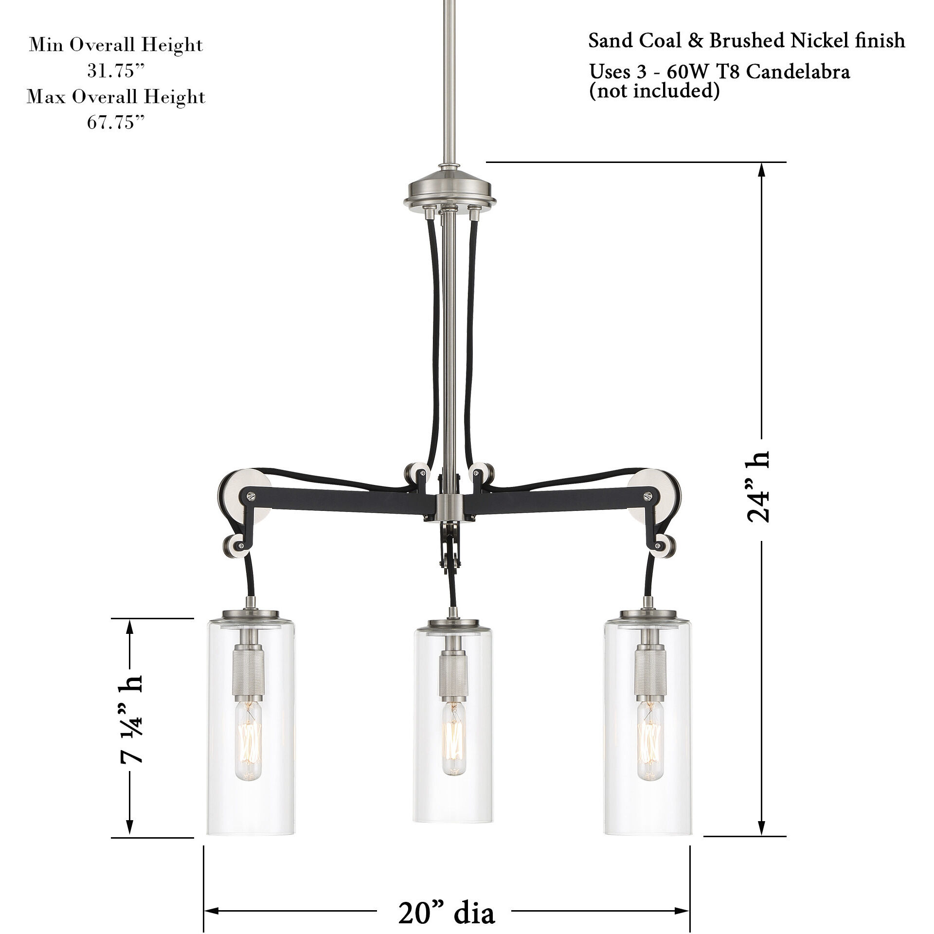 Pullman Junction 3 Light 20 inch Coal / Brushed Nickel Chandelier Ceiling Light