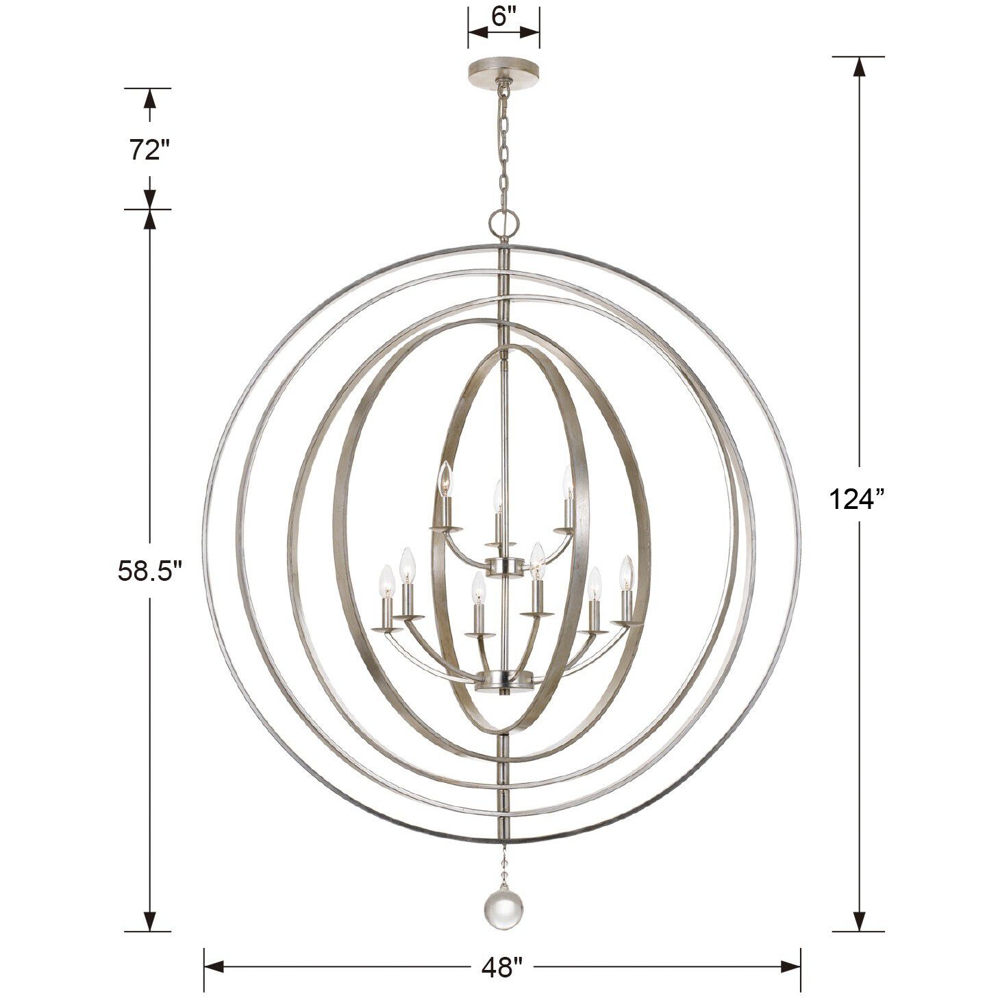 Luna 9 Light 48 inch Antique Silver Chandelier Ceiling Light