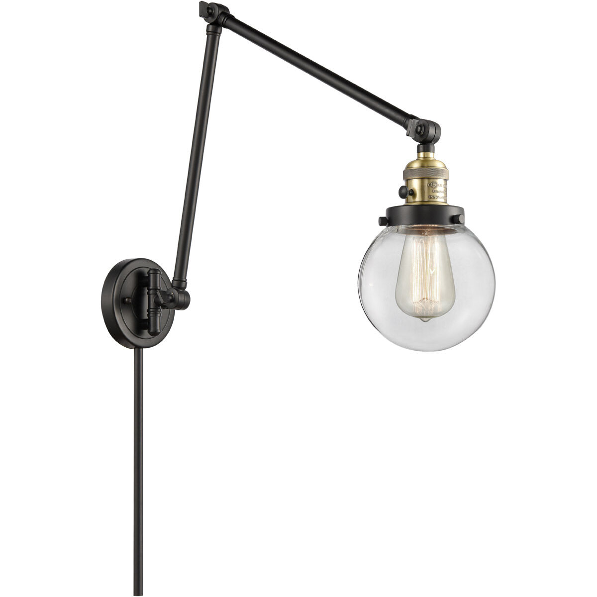 Beacon 30 inch 3.5 watt Black Antique Brass Swing Arm Wall Light in Clear Glass, Franklin Restoration
