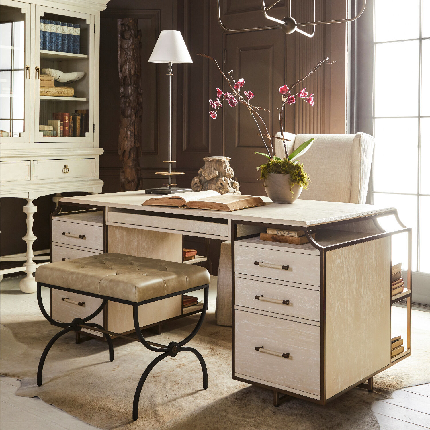 Galvin 21.38 inch Light Grey Leather / Textured Black / Brushed Brass Ottomans Stool