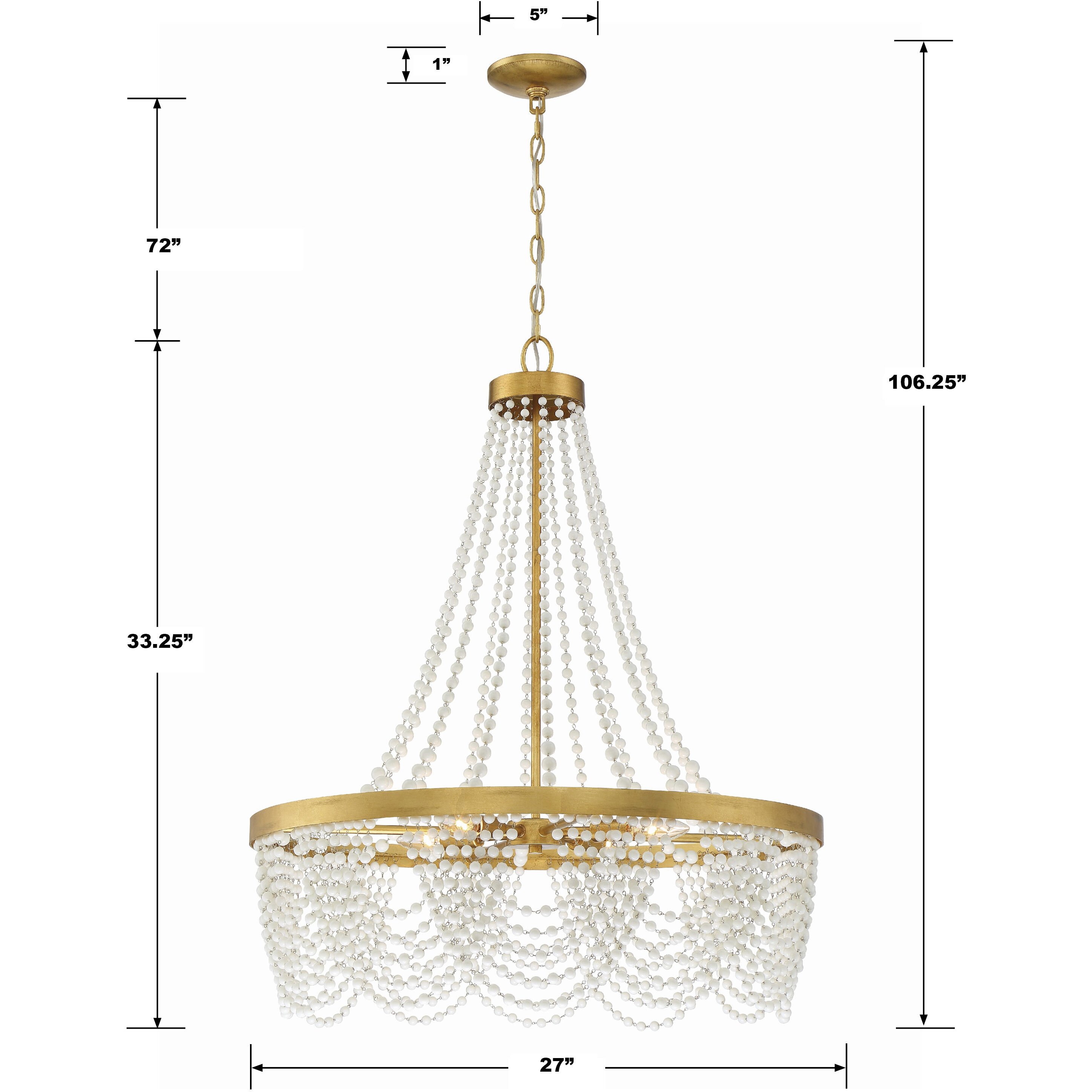 Fiona 4 Light 27 inch Antique Gold Chandelier Ceiling Light in White Glass Beads