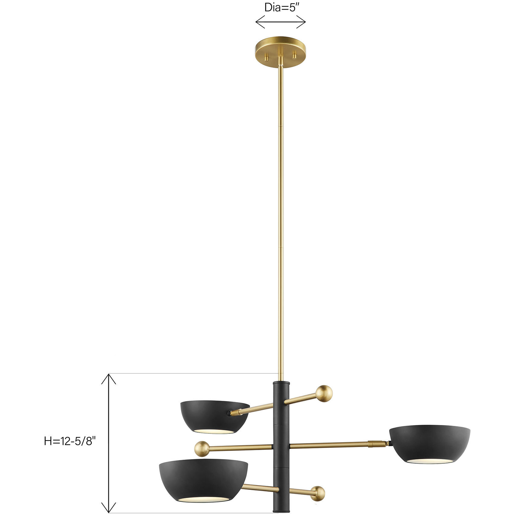 Contemporary 3 Light 33.75 inch Matte Black with Natural Brass Chandelier Ceiling Light