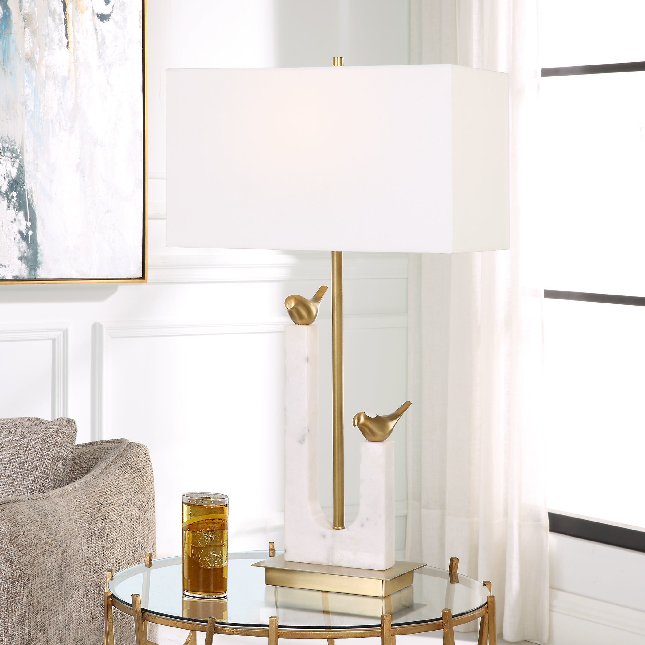 Songbirds 30 inch 150 watt Cast Brass and White Marble with Brushed Brass Table Lamp Portable Light