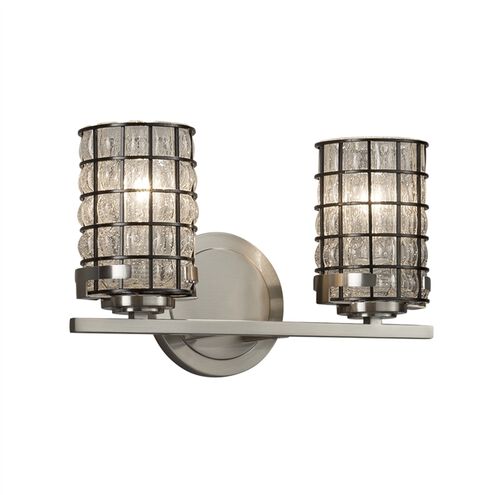 Wire Glass 2 Light 13.75 inch Brushed Nickel Bath/Vanity Wall Light in Grid with Clear Bubbles, Incandescent