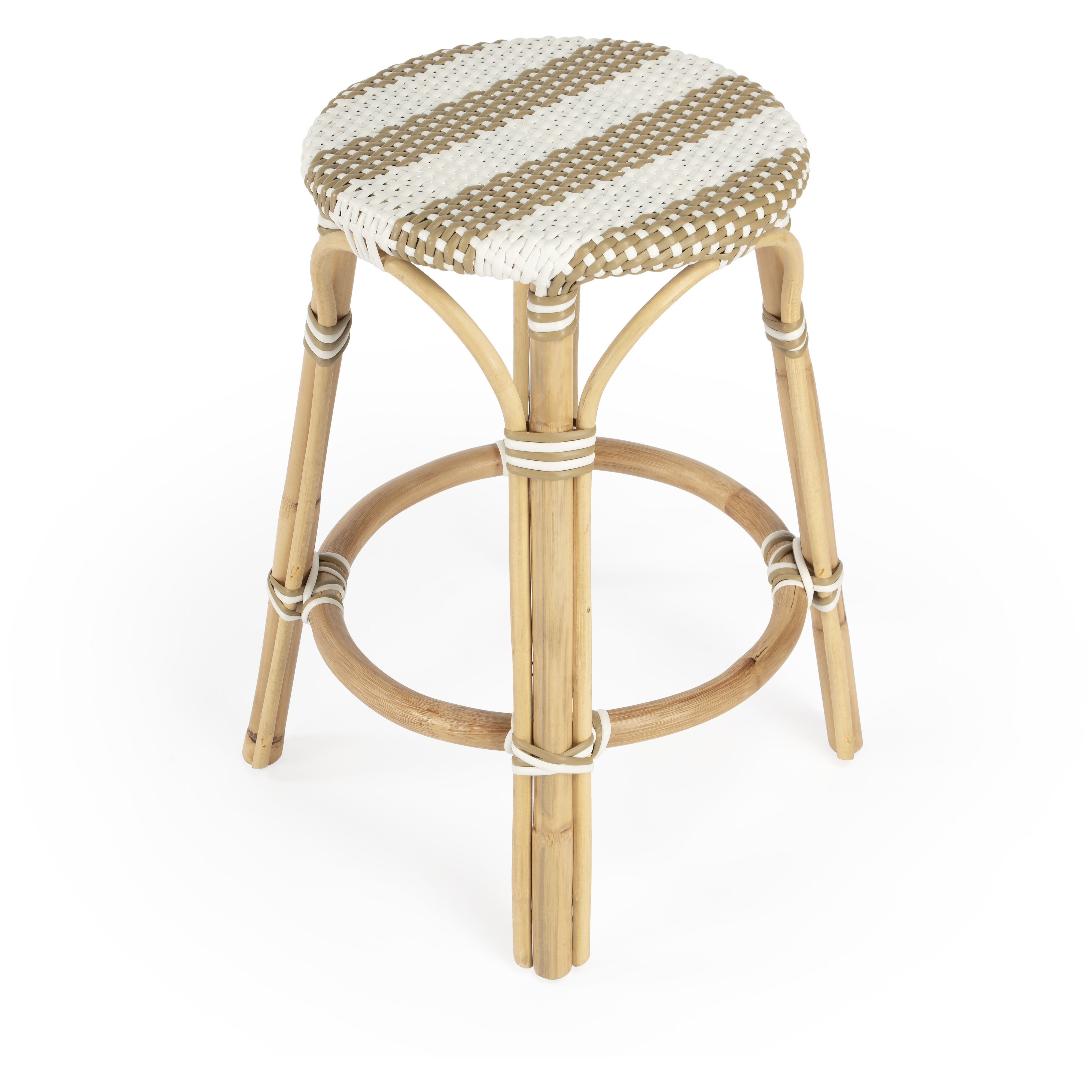 Tobias Rattan Round 24" Counter Stool in Tan and White Stripe