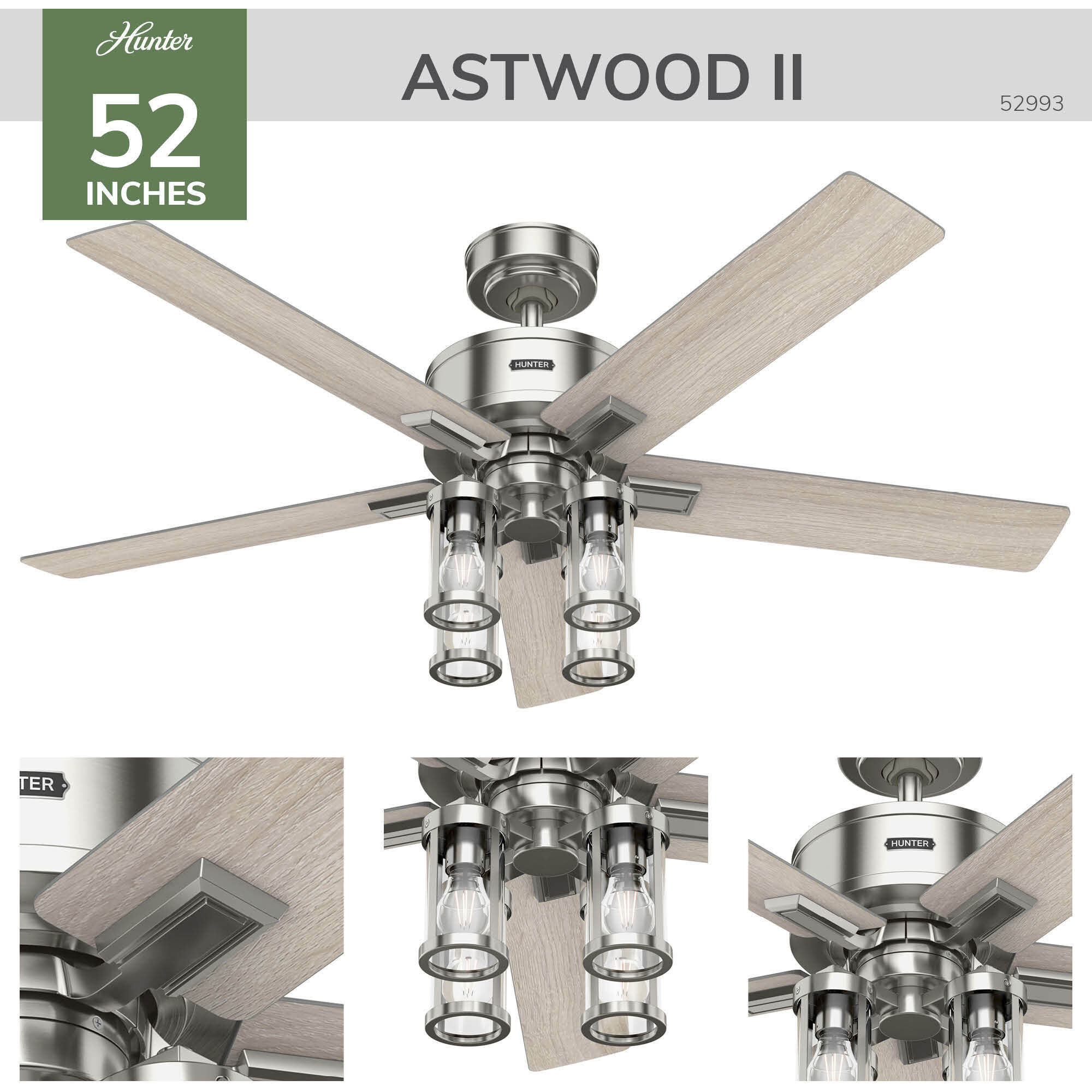 Astwood II 52 inch Brushed Nickel with Light Oak Blades Ceiling Fan