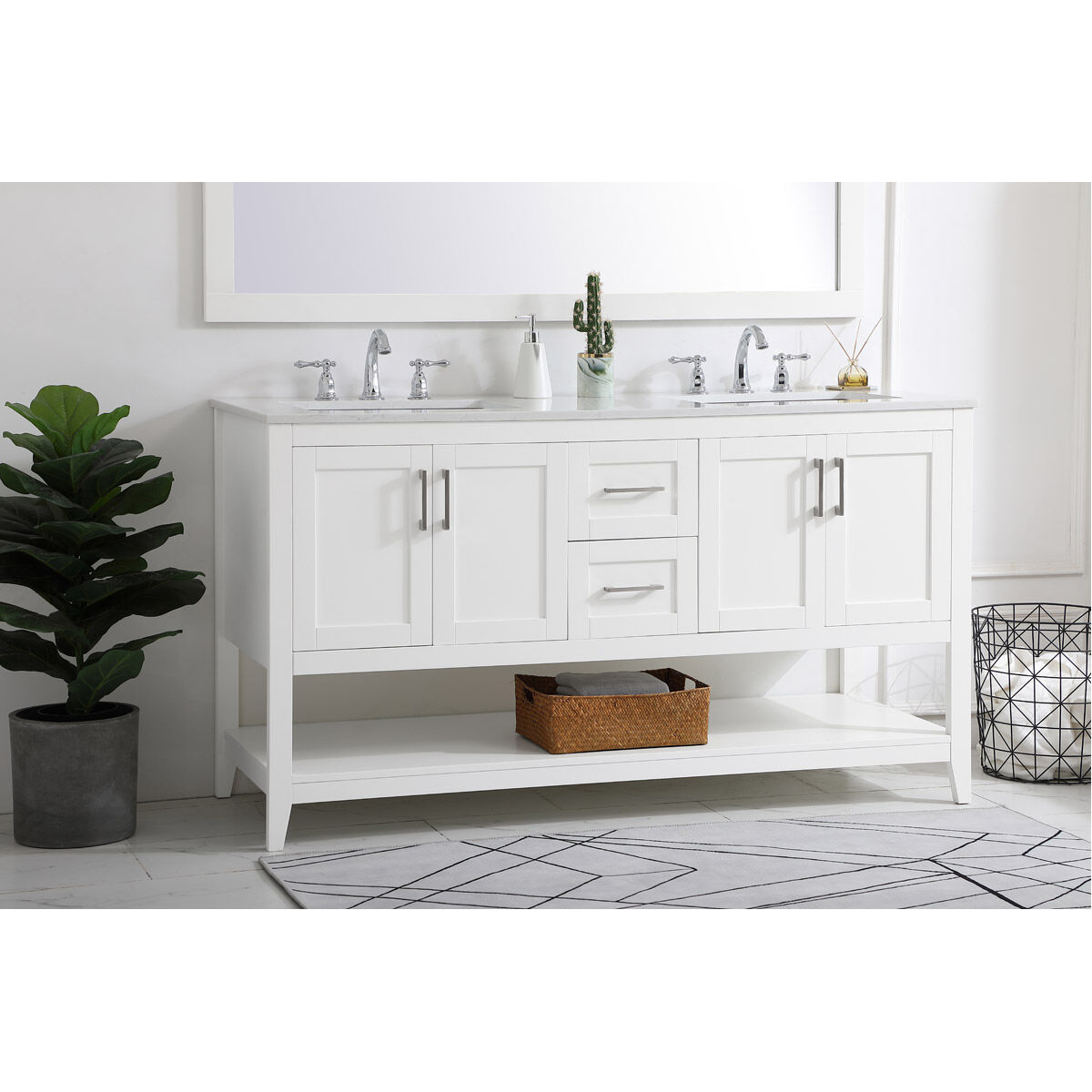 Aubrey 60 X 22 X 34 inch White and Brushed Nickel with Calacatta Quartz Vanity Sink Set