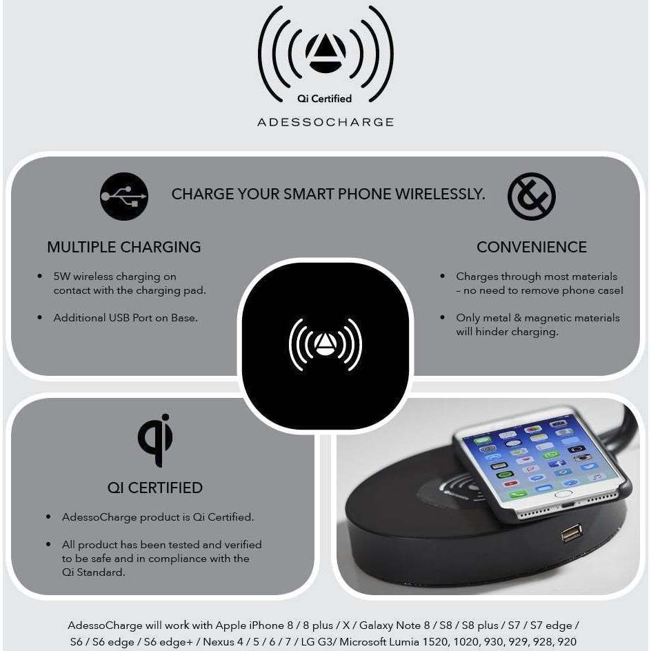 Collette 12 inch 7.00 watt Black and Antique Brass Desk Lamp Portable Light, with AdessoCharge Wireless Charging Pad and USB Port