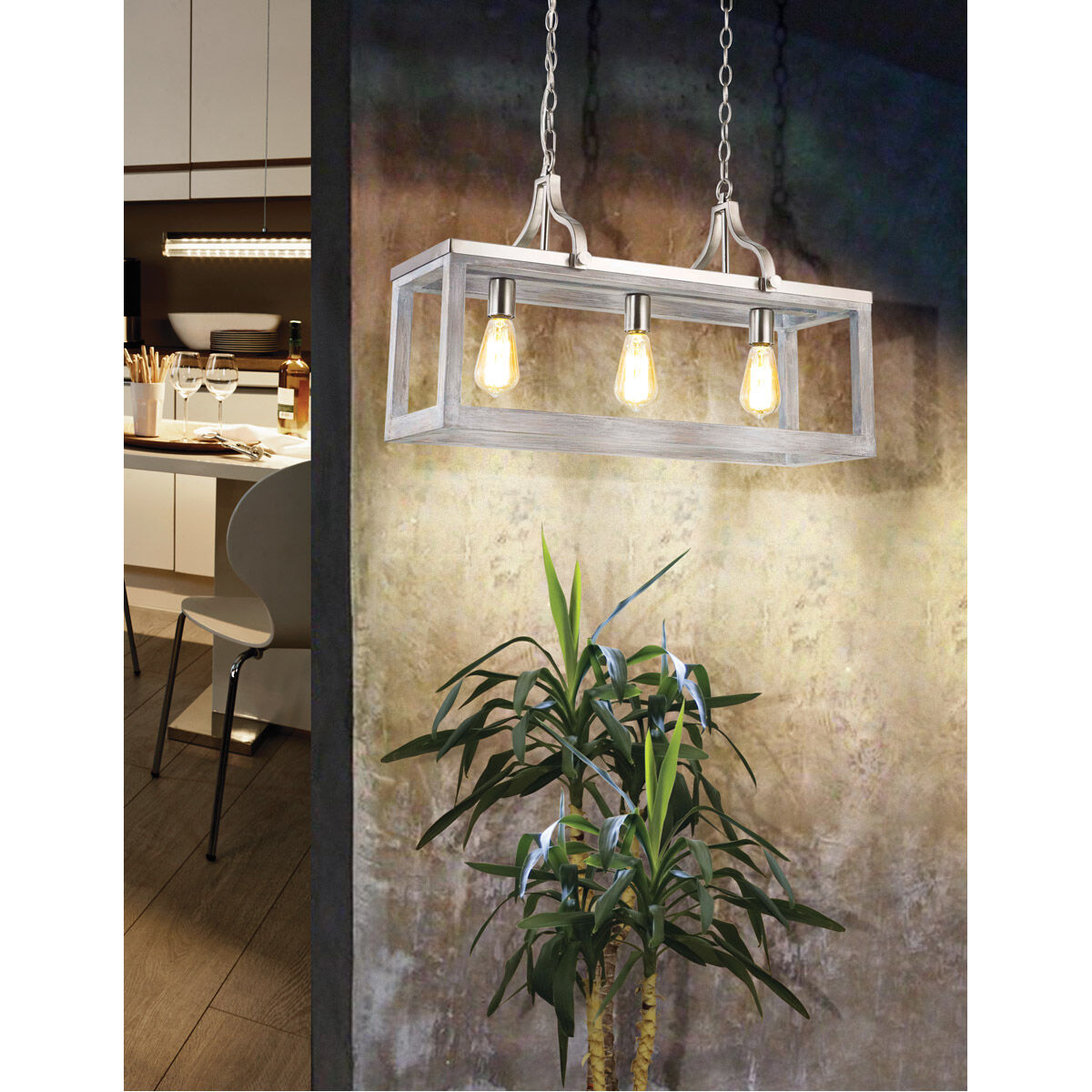 Montrose 3 Light 28 inch Acacia Wood and Brushed Nickel Linear Pendant Ceiling Light