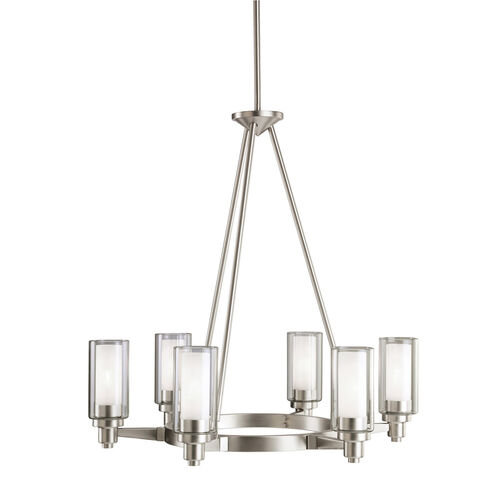 Circolo 6 Light 26 inch Brushed Nickel Chandelier 1 Tier Medium Ceiling Light in Clear Outer With Satin Etched Inner, 1 Tier Medium