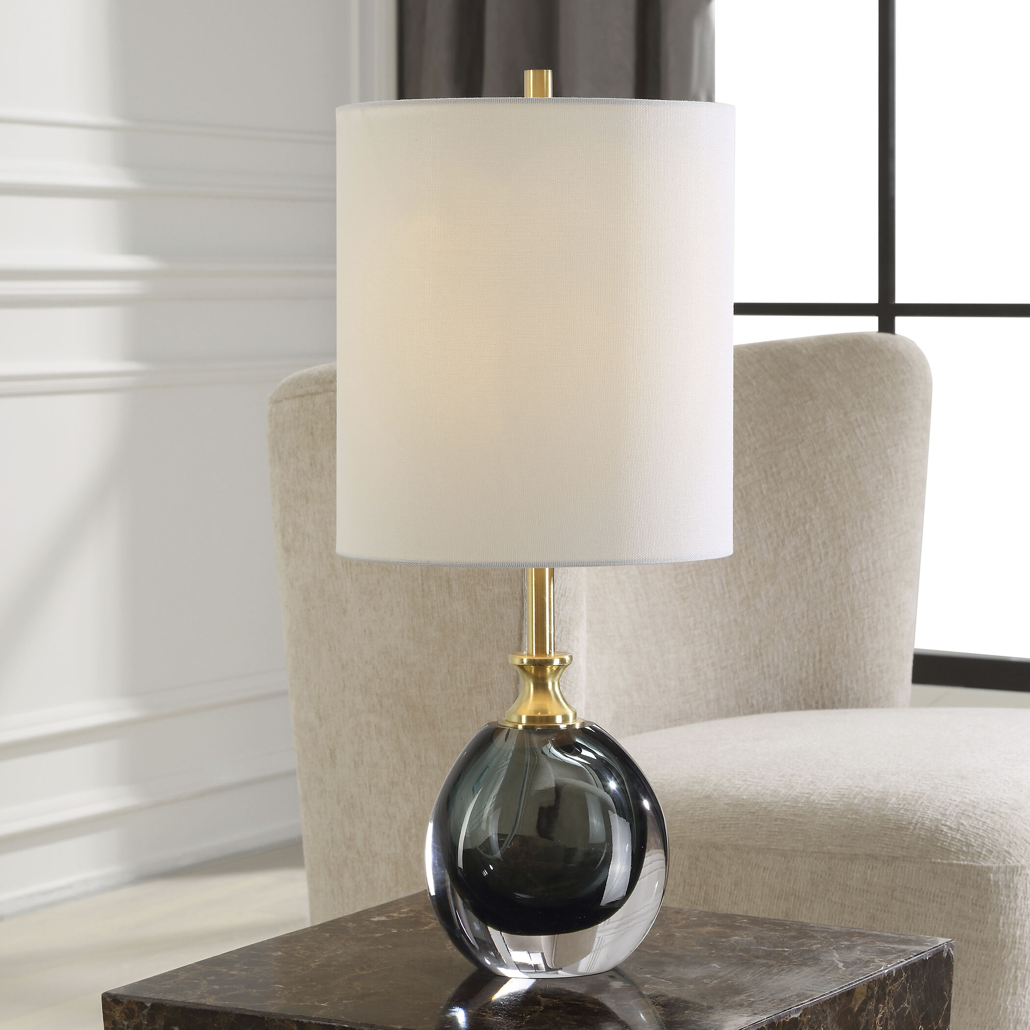 Enigma 20 inch 100.00 watt Smoky Teal Blue Art Glass and Brass Buffet Lamp Portable Light