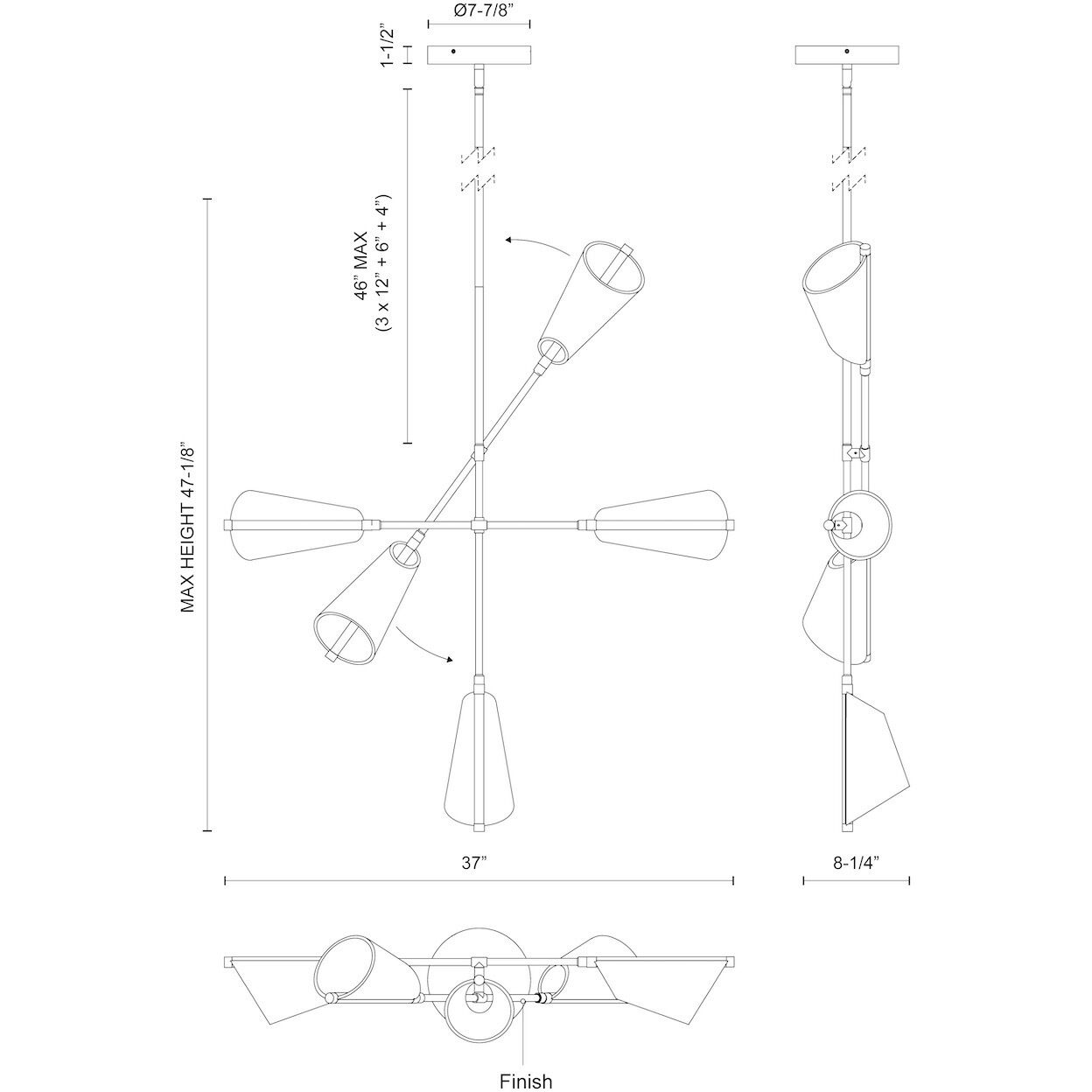Mulberry LED 37 inch Black and Light Guide Chandelier Ceiling Light