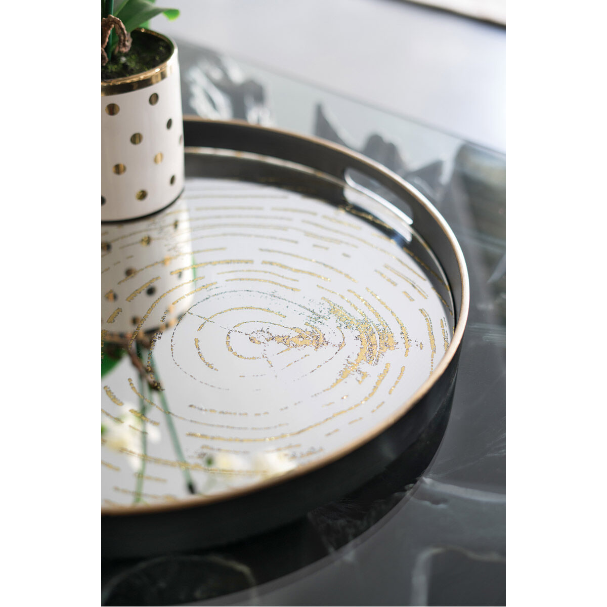 Wood Black and Gold and Mirror Tray