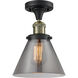 Franklin Restoration Large Cone LED 8 inch Black Antique Brass Semi-Flush Mount Ceiling Light in Plated Smoke Glass, Franklin Restoration