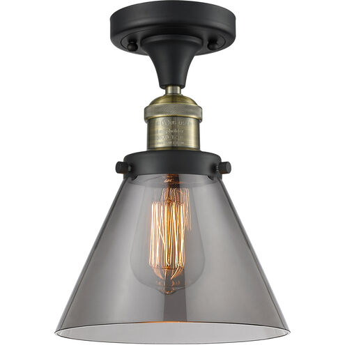 Franklin Restoration Large Cone LED 8 inch Black Antique Brass Semi-Flush Mount Ceiling Light in Plated Smoke Glass, Franklin Restoration