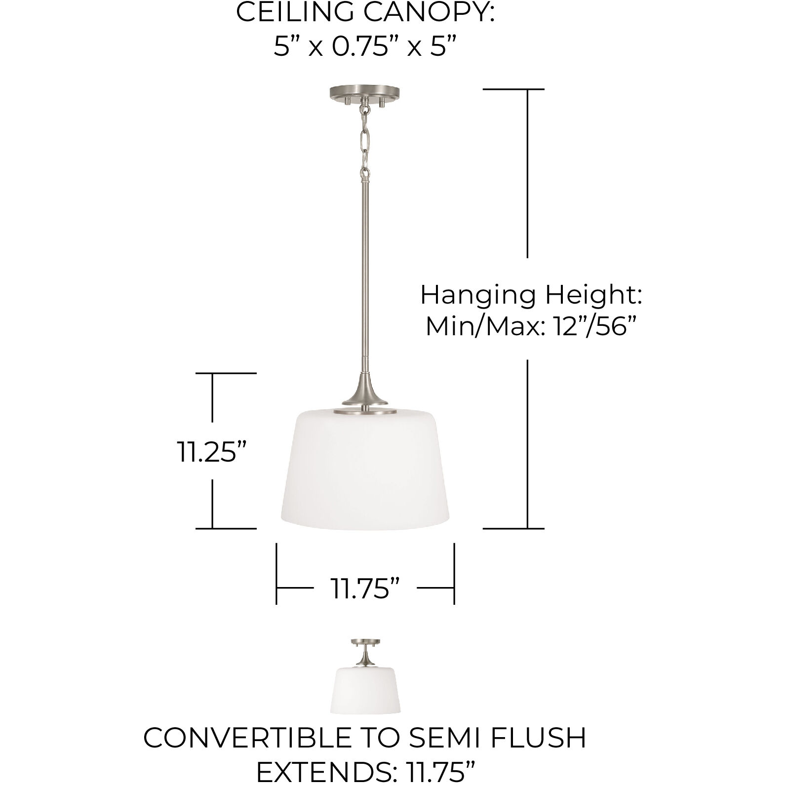 Presley 1 Light 11.75 inch Brushed Nickel Semi-Flush Mount Ceiling Light, Convertible Dual Mount