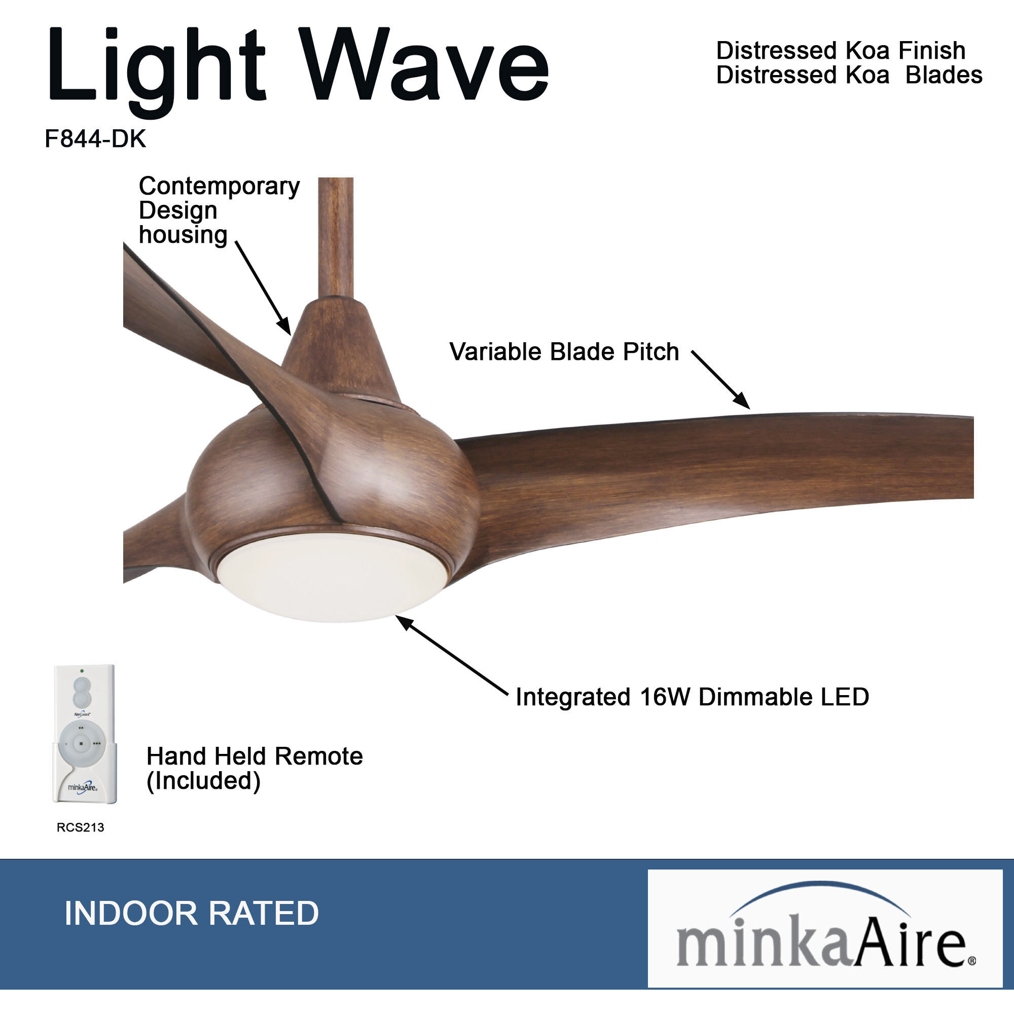 Light Wave 52 inch Distressed Koa Ceiling Fan