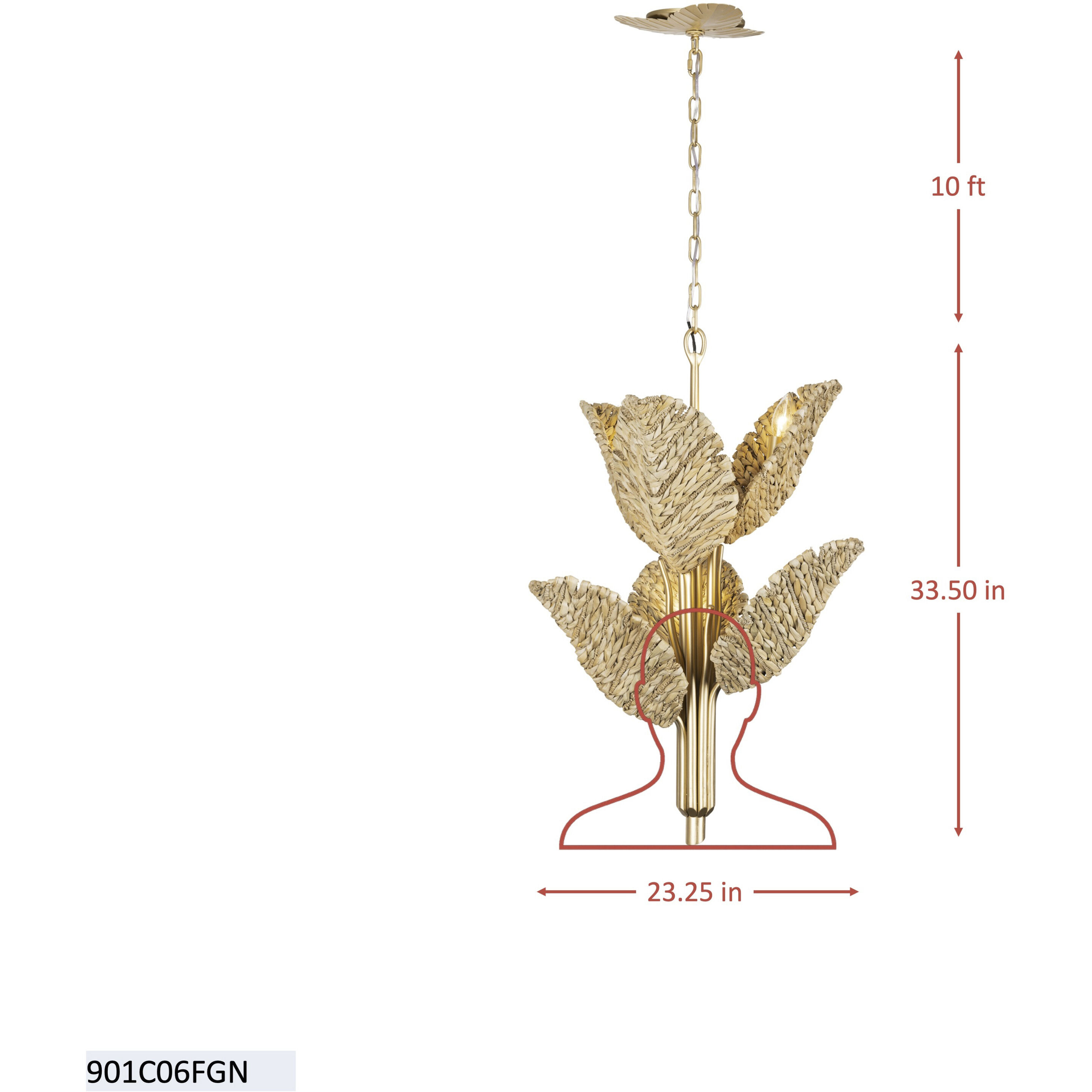 Banana Leaf 6 Light 23.25 inch French Gold with Natural Seagrass Chandelier Ceiling Light