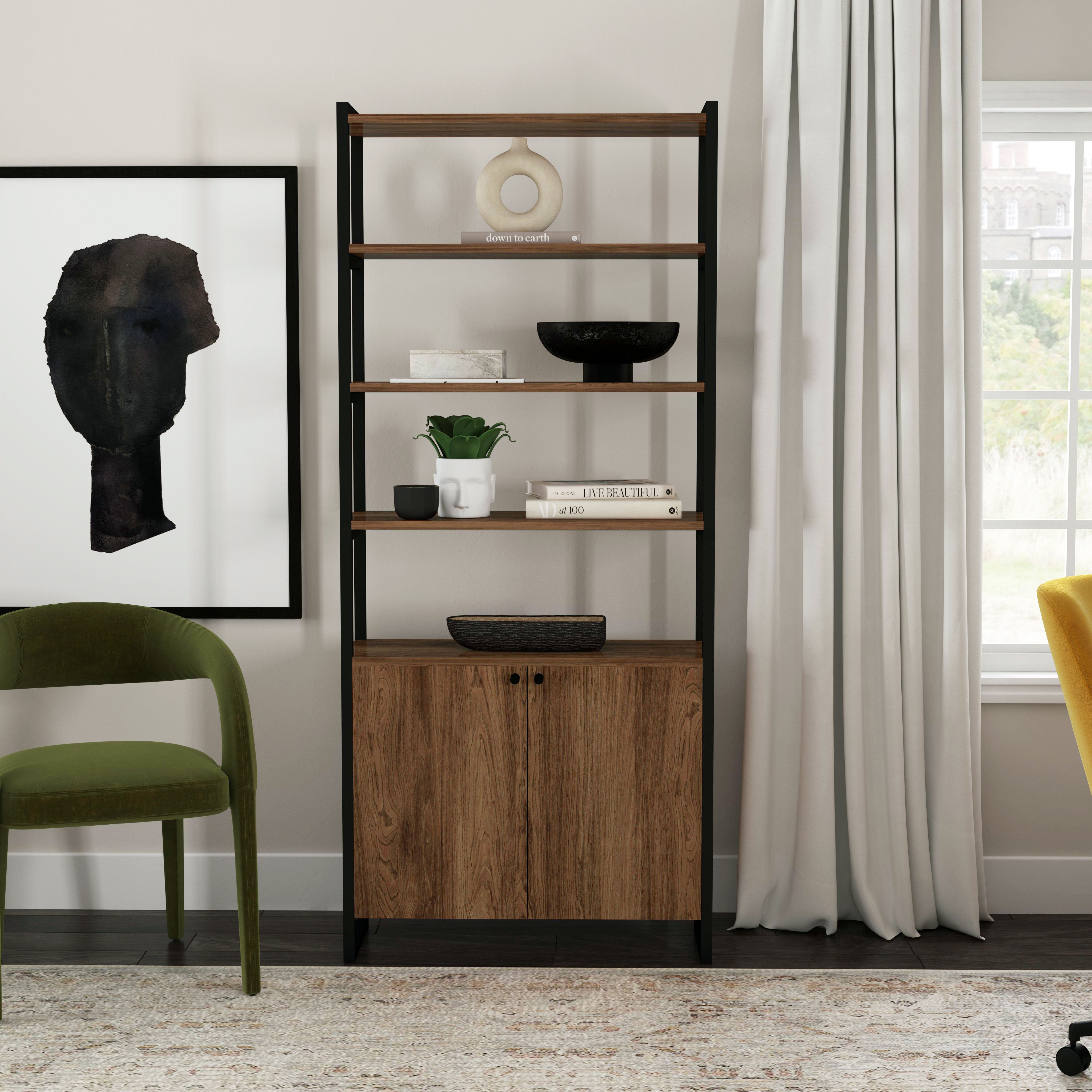 Drake 73" Two Door Walnut Bookcase Etagere in Medium Brown