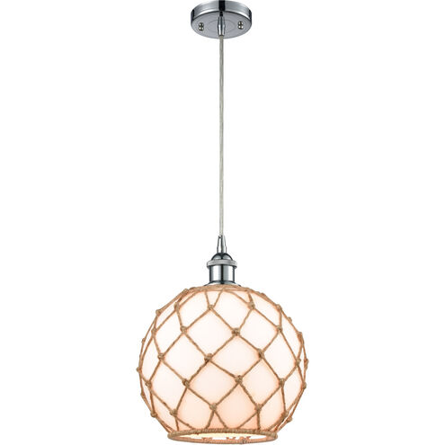 Ballston Large Farmhouse Rope 1 Light 10 inch Polished Chrome Mini Pendant Ceiling Light in White Glass with Brown Rope, Ballston