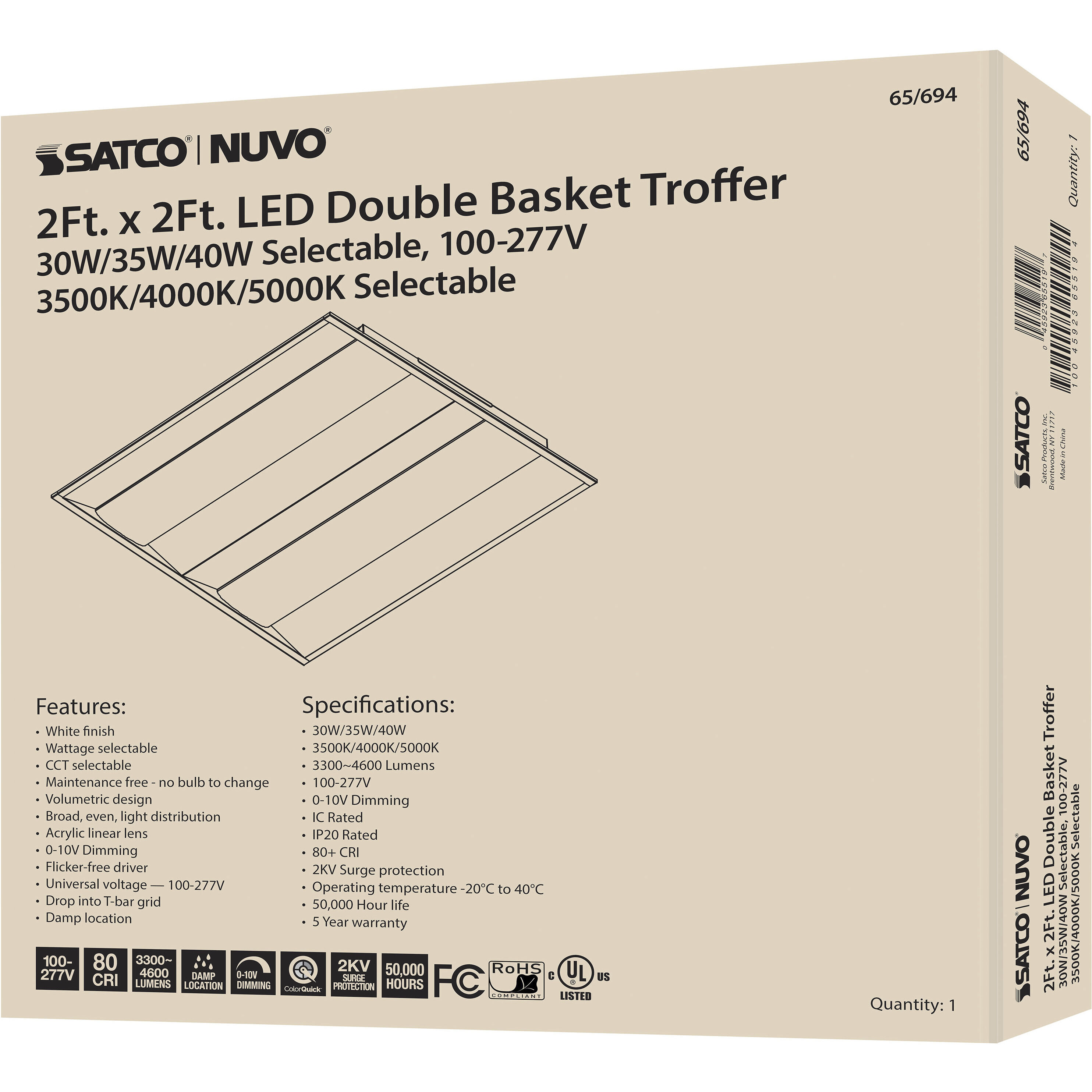 Brentwood LED 24 inch White Troffer Ceiling Light, Double Basket