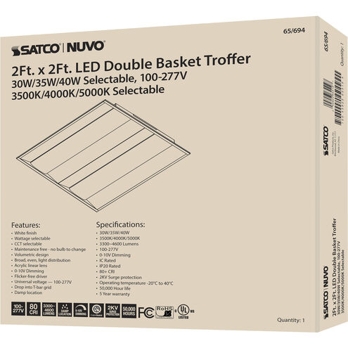 Brentwood LED 24 inch White Troffer Ceiling Light, Double Basket
