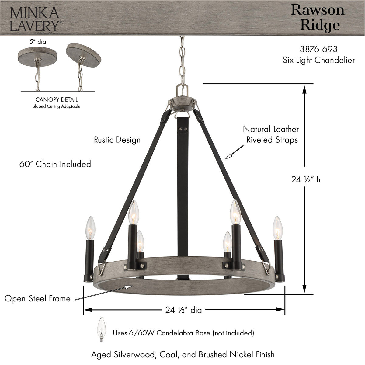 Rawson Ridge 6 Light 24 inch Aged Silverwood/Coal Chandelier Ceiling Light