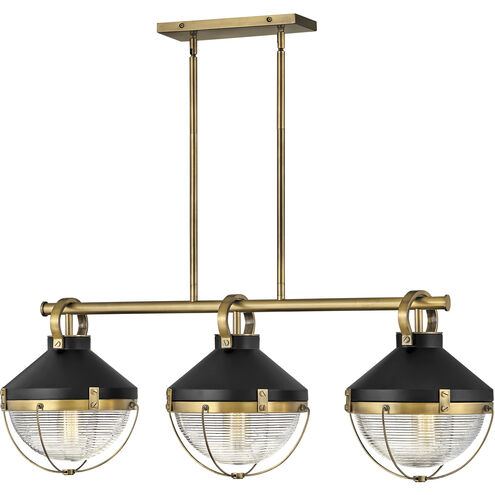 Crew 3 Light 42 inch Heritage Brass with Black Indoor Linear Chandelier Ceiling Light