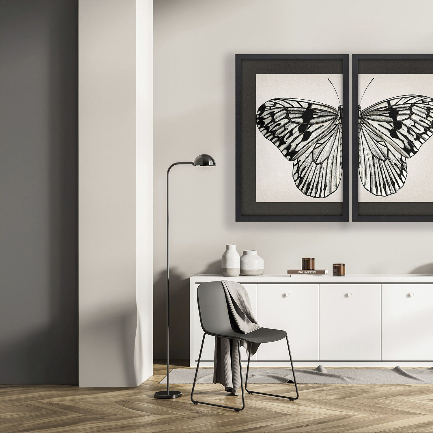 Grand Butterfly Black and Beige and White Framed Art