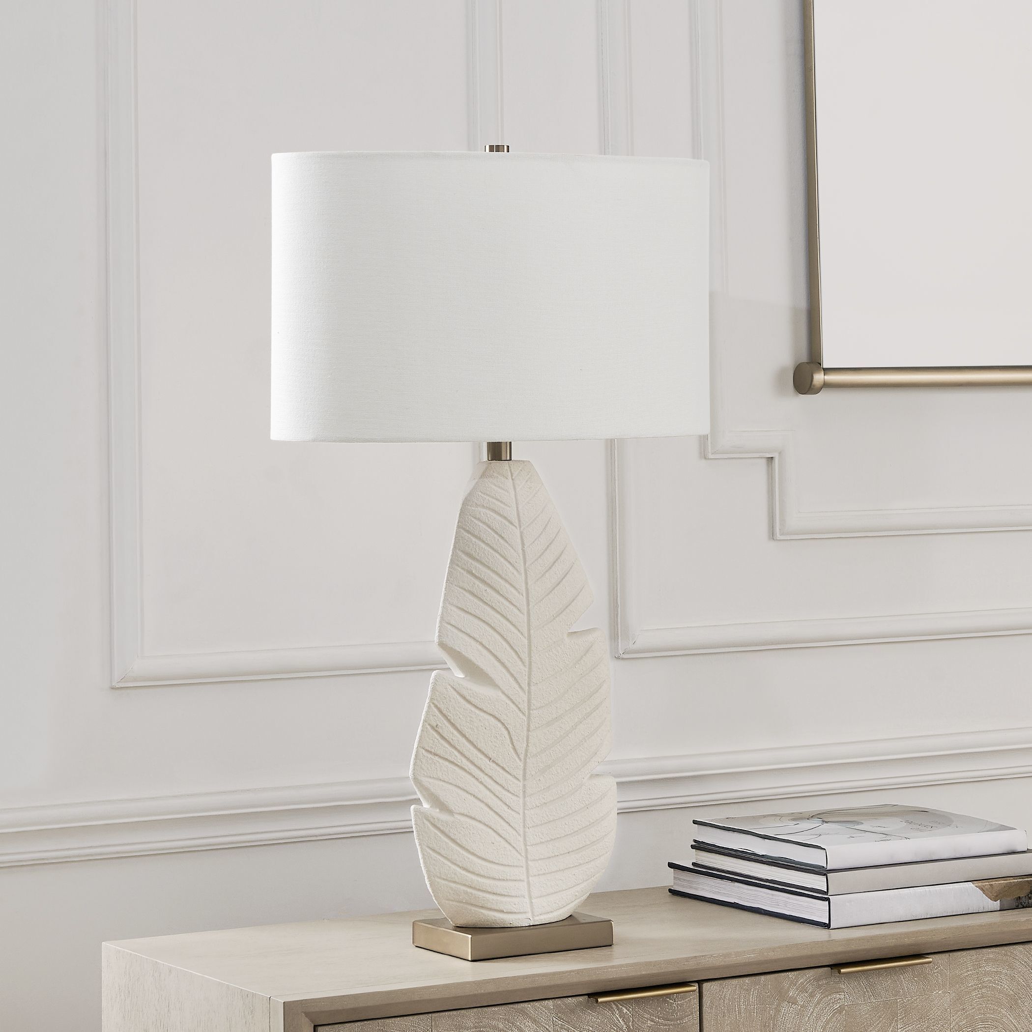 Palm Leaf 31.25 inch 150 watt Matte White Glaze and Brass Table Lamp Portable Light
