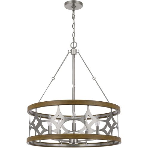 Abingdon 5 Light 24 inch Brushed Steel/Oak Chandelier Ceiling Light