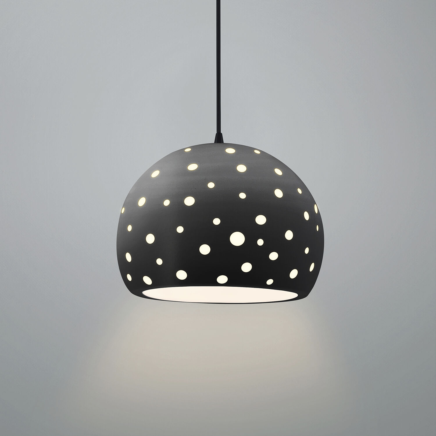Perforated Globe Pendant Ceiling Light in Matte Black, Black Cord, Replaceable Bulb, Carbon Matte Black, 10W x 7.75H, Form+Finish+Function