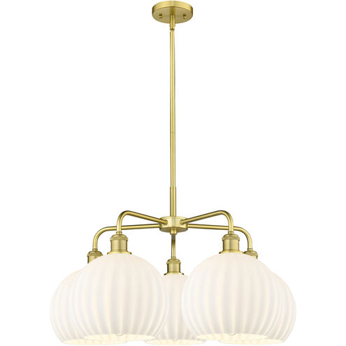 Ballston White Venetian 5 Light 28 inch Satin Gold Stem Hung Chandelier Ceiling Light