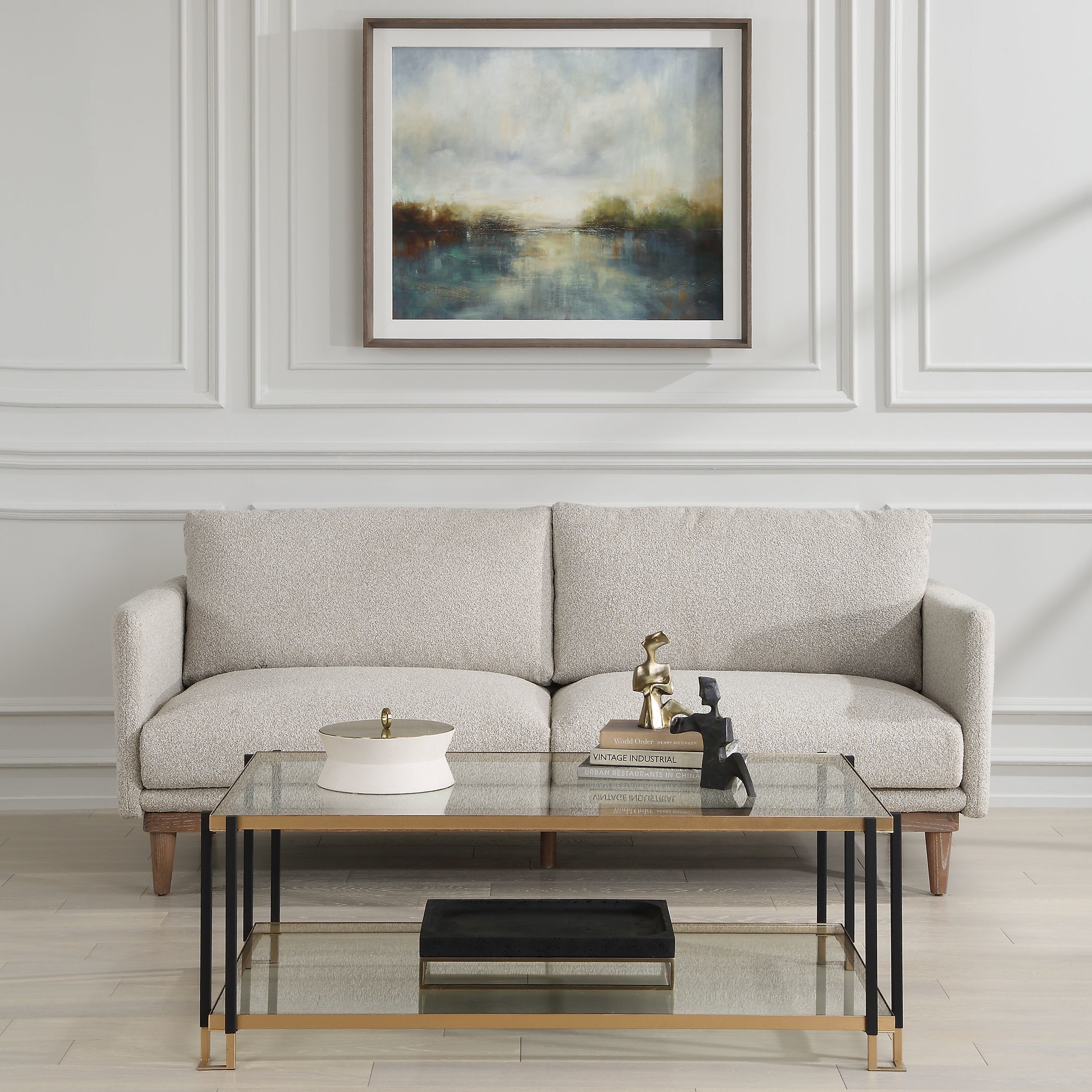 Freefall Beige Polyester and Walnut with Gray Ceruse Sofa